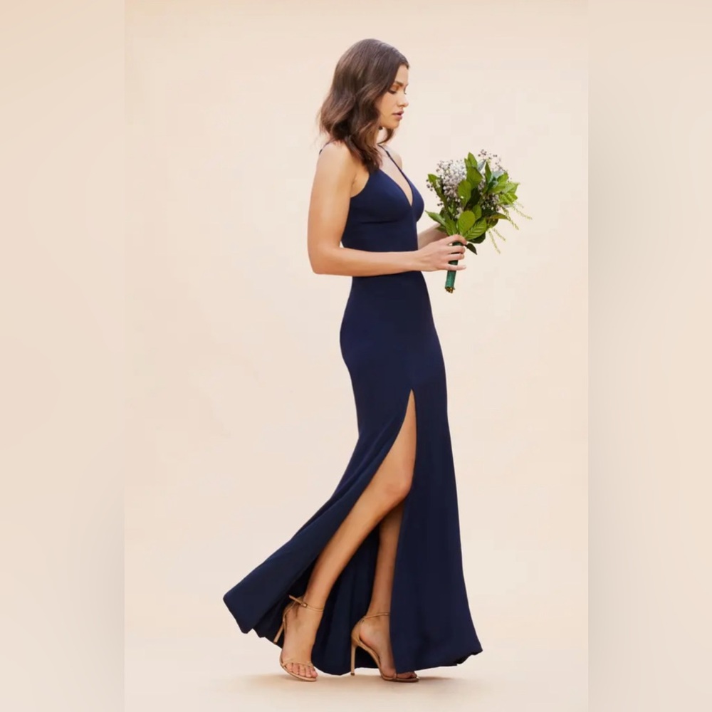 Dress the Population Wedding Guest Bridesmaid Dress Iris Slit Crepe Gown Navy